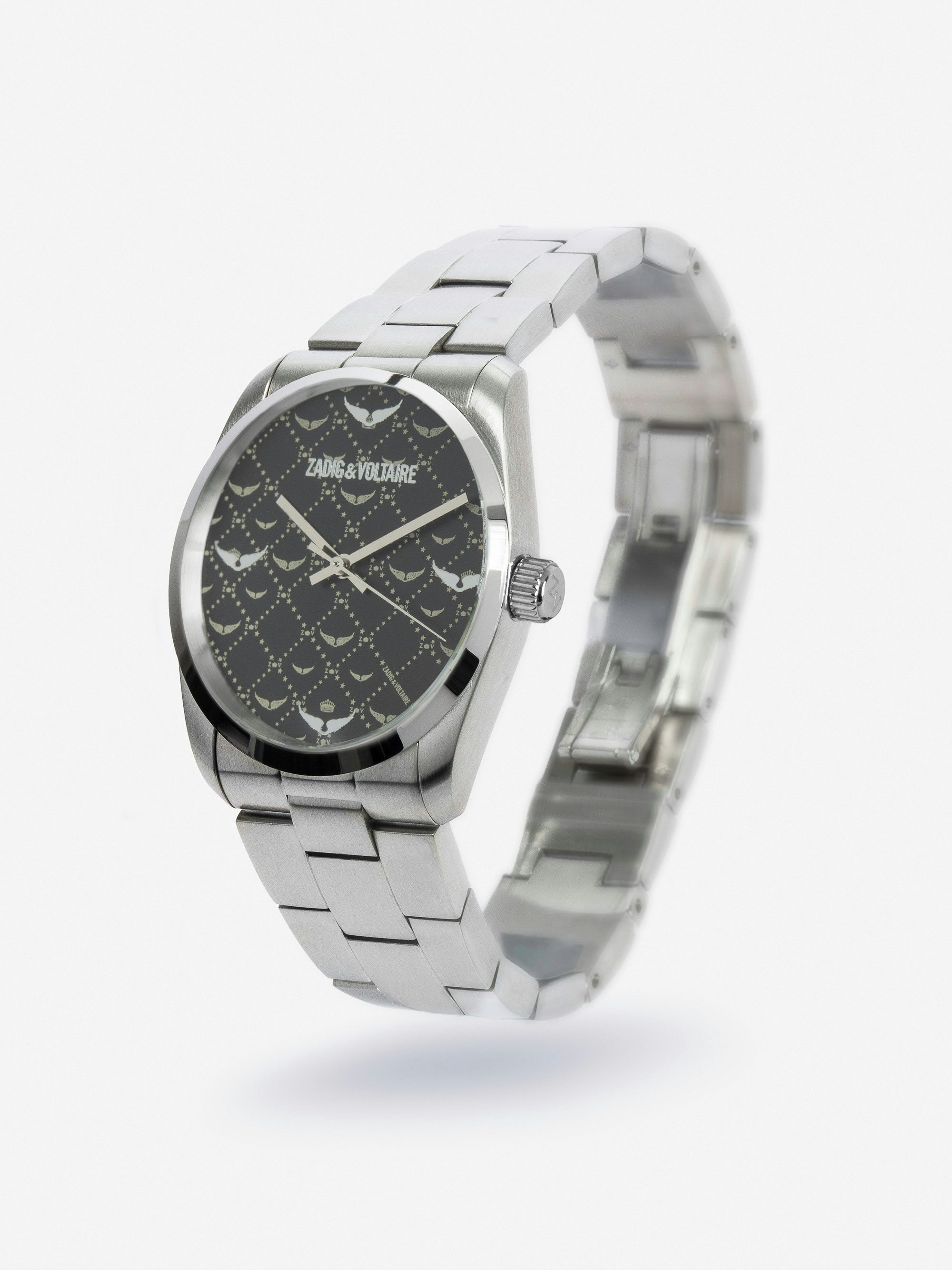 Zadig Monogram Watch - Gray stainless steel watch with black monogram pattern dial.